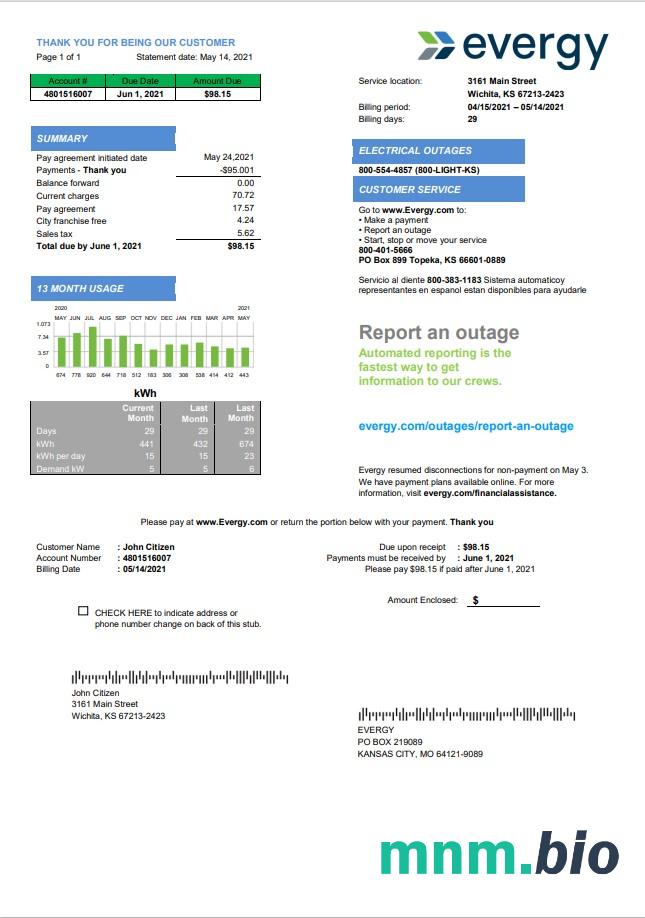 USA Missouri Evergy szablon rachunku za energię elektryczną w .doc i .format pdf